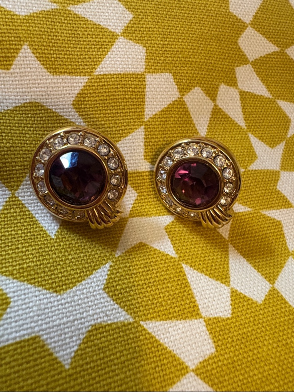Swarovski Gold-Tone Purple Crystal Circle Clip Earrings